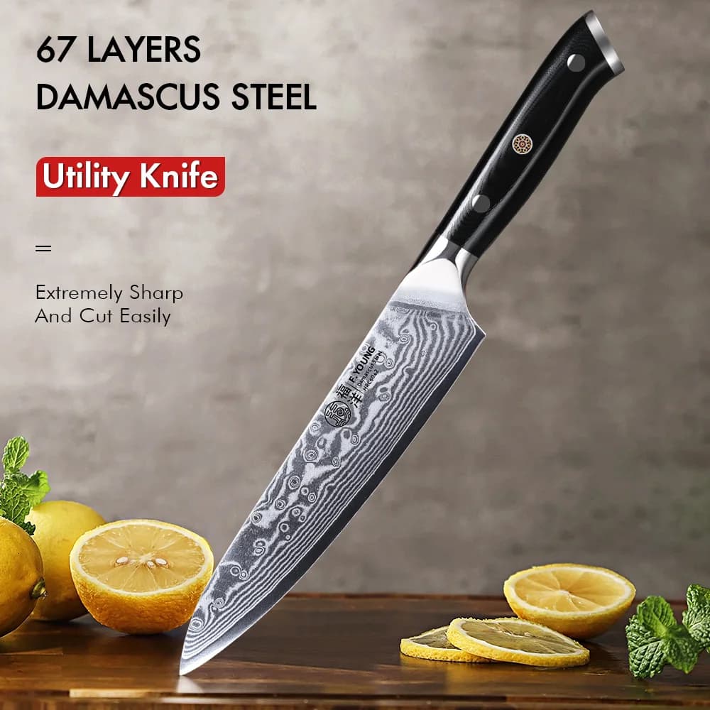F.YOUNG Multipurpose Kitchen Knife 5 Inch 67 layers Damascus Steel Knife Fruit Knife Vegetable Knife Kitchen Tools G10 Handle