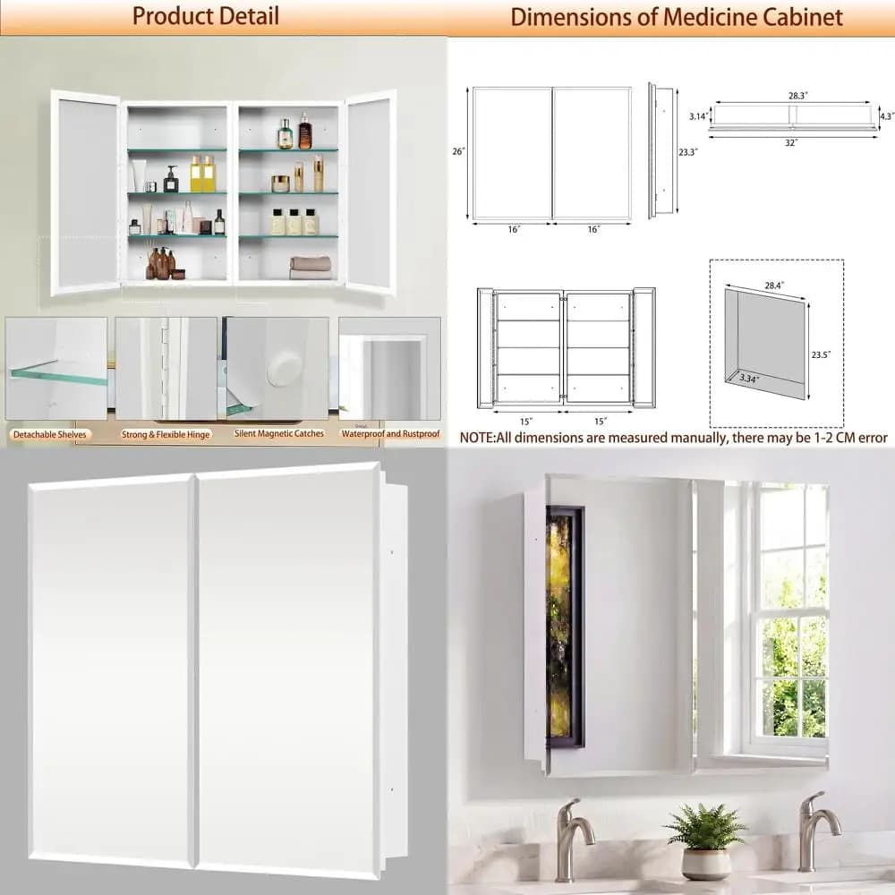 Armadietto da Bagno a Specchio 32x26 con Doppia Anta, Spazio Extra, Specchio Smussato, Montaggio a Incasso o a Superficie