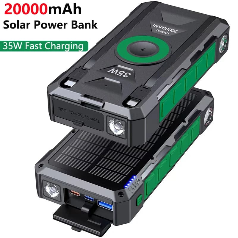 Power Bank Solare 20000mAh 35W con Ricarica Wireless Magnetica e Cavo, Caricabatterie Portatile per Airpods, iWatch, iPhone 17