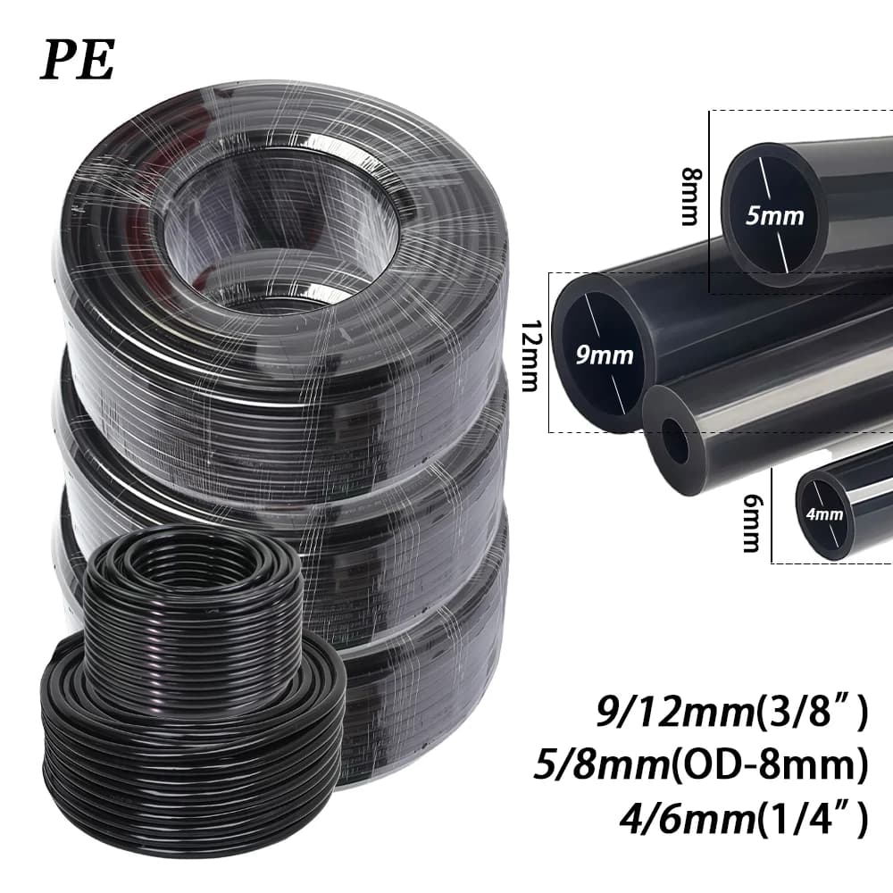 Tubo per Irrigazione a Goccia in PE Nero OD-6mm 8mm 12mm, 4/6mm 5/8mm 9/12mm, 10/20/30/50M, Tubo Irrigazione Giardino Resistente alla Pressione 3/8" 1/4"