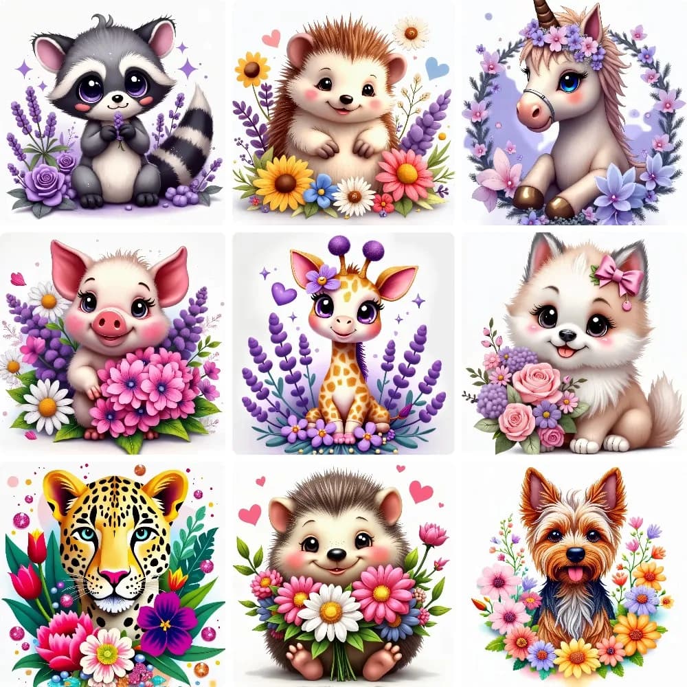Cute Cartoon Floral Baby Animal Portrait Collection Diamond Painting, Living Room Bedroom Wall Decor DIY Handmade Mosaic Gift