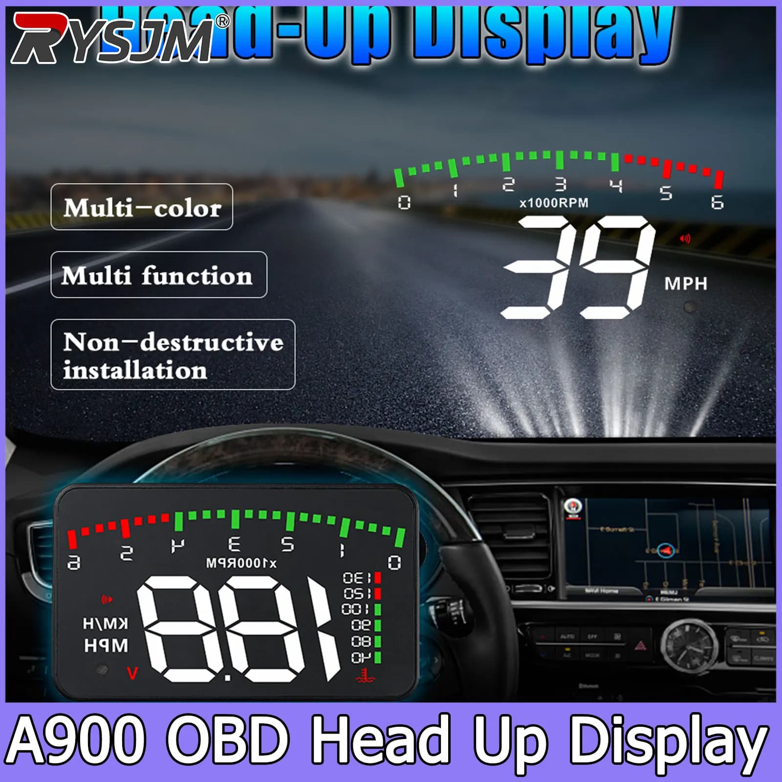 Proiettore per Parabrezza 3.5 Pollici A900 Computer di Bordo Tachimetro Auto OBD2 Head-up Display RPM Temperatura Acqua Display Carplay