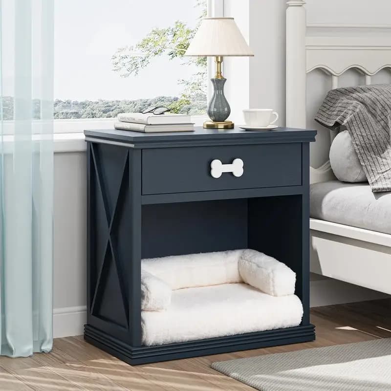 Armadietto portaoggetti vintage con luce LED, lettiera per gatti nascosta con cassetto e spazio semiaperto, include letto per animali domestici