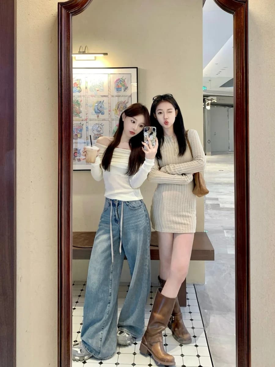 Retro Faded Drawstring Casual Straight Leg Denim Jeans Women's Spring New Loose Slim High Waist Wide Leg Floor-Length Pants