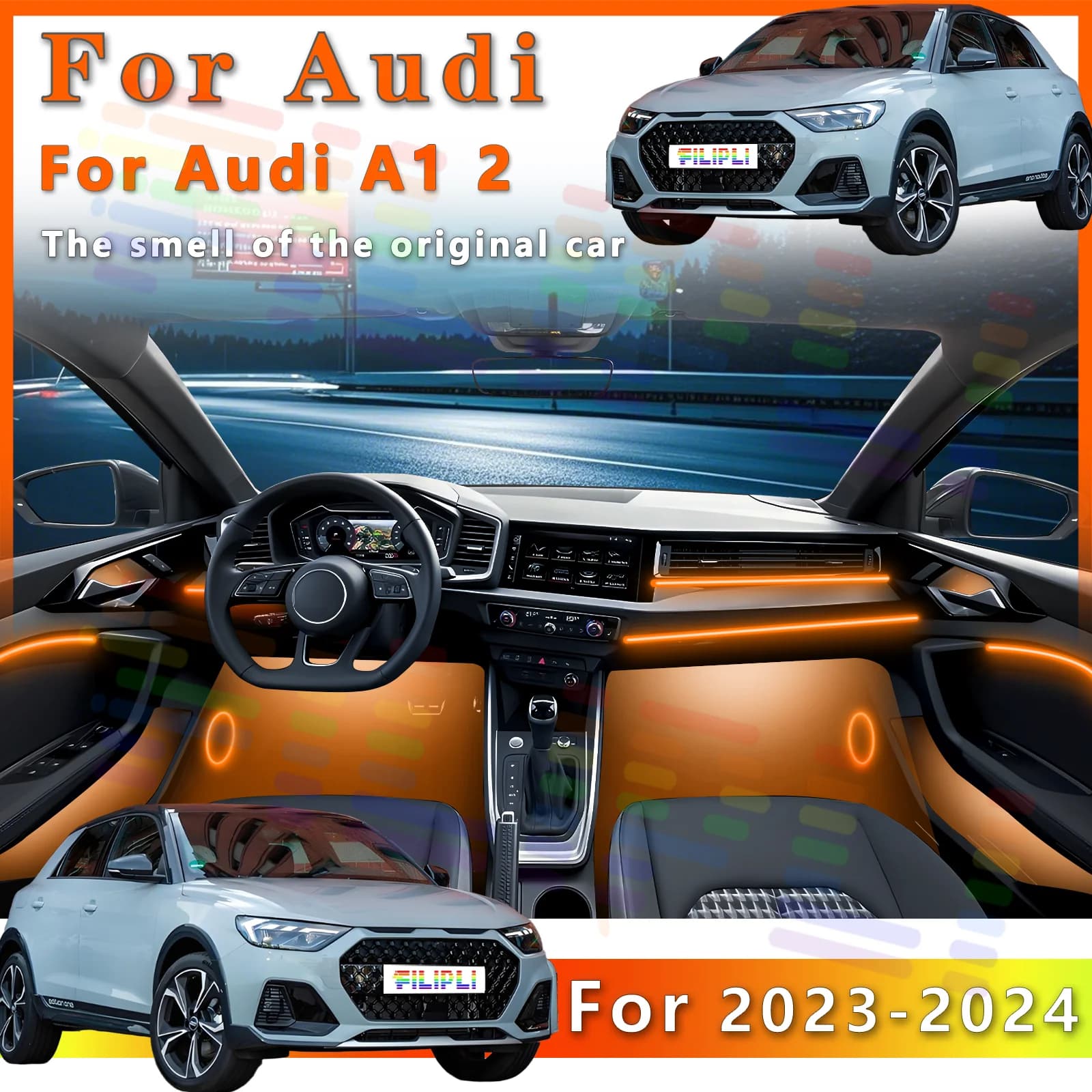 Striscia LED Ambientale per Interni Auto di Lusso in Acrilico Stealth per Audi A1 2023-2024, Controllata da App, con Gradiente Luminoso a Colori Completi