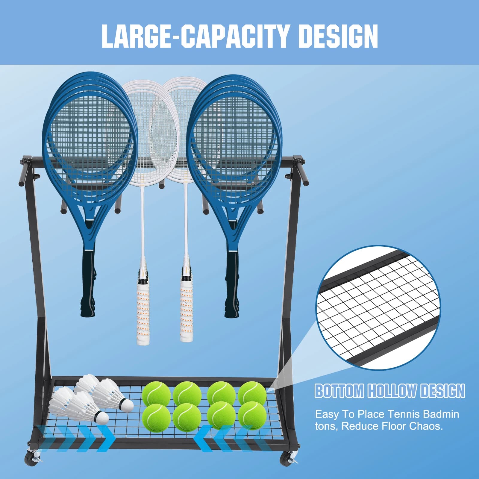 Supporto per Palloni Sportivi con Ruote, Organizzatore per Racchette da Tennis, Portaoggetti per Palestra/Areale di Allenamento
