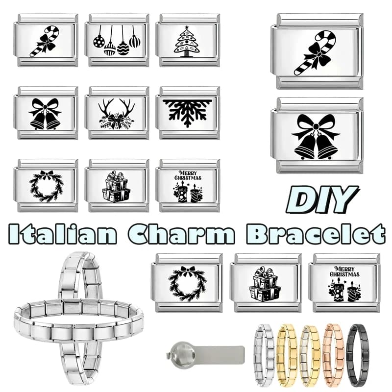 New Laser Engraving Snowflake Santa Claus Christmas Tree Italian Charm Links Fit 9MM Stainless Steel Bracelet DIY Making Gifts