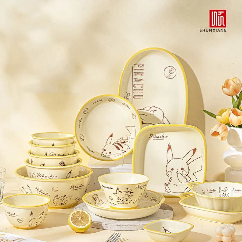 SHUNXIANG per Pikachu Stoviglie in ceramica Modello simpatico cartone animato Sottosmalto Colore Ciotola e piatto in ceramica Ciotole per zuppa domestica Piatto da pranzo