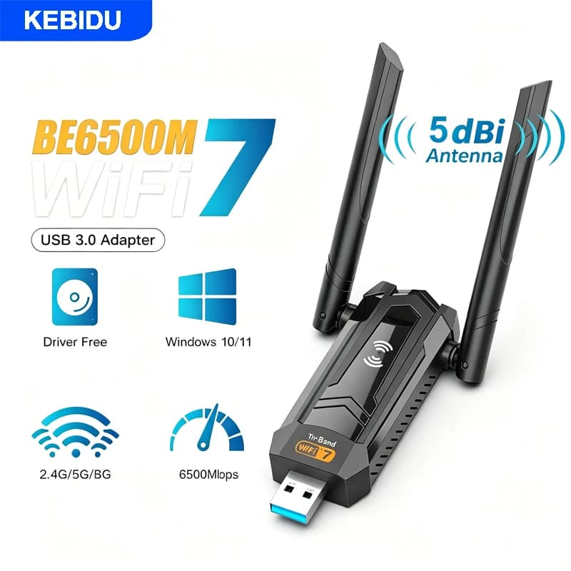 Adattatore USB WiFi7 Tri-Band KEBIDU 6500Mbps 2.4/5/6GHz con Antenne da 5 dBi, Scheda di Rete Wireless USB3.0 Senza Driver per Win10/11