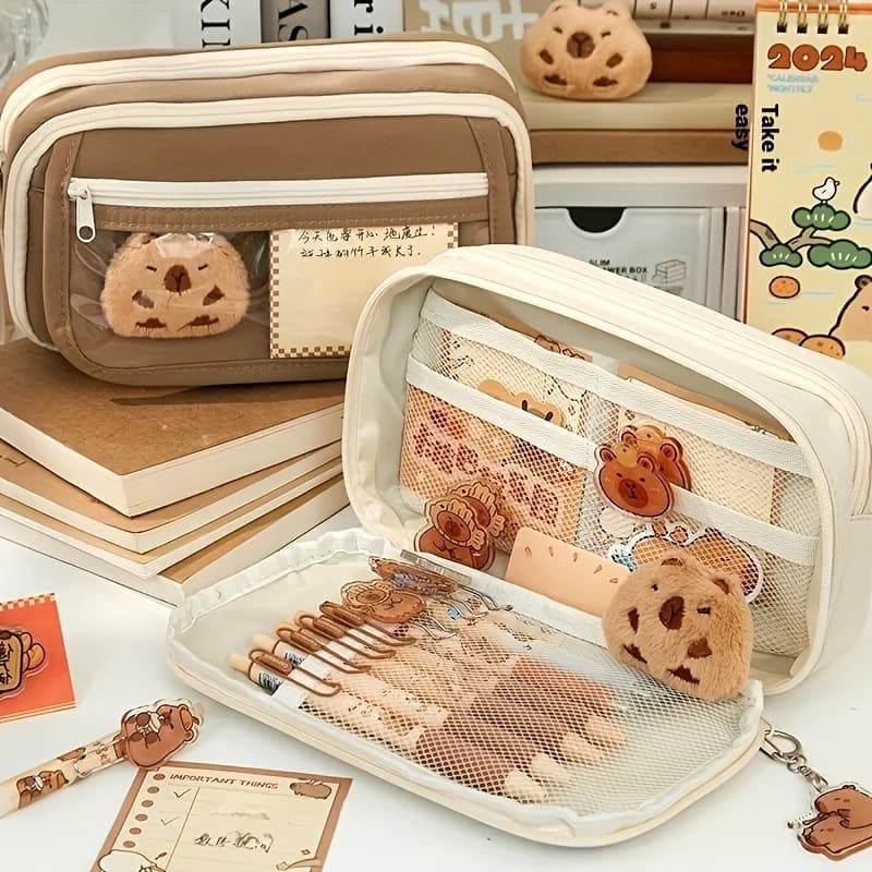 Astuccio per penne, grande capacità, resistente allo sporco, borsa multifunzionale per cancelleria, borsa per il trucco, capibara semplice, carino e fresco a 9 strati