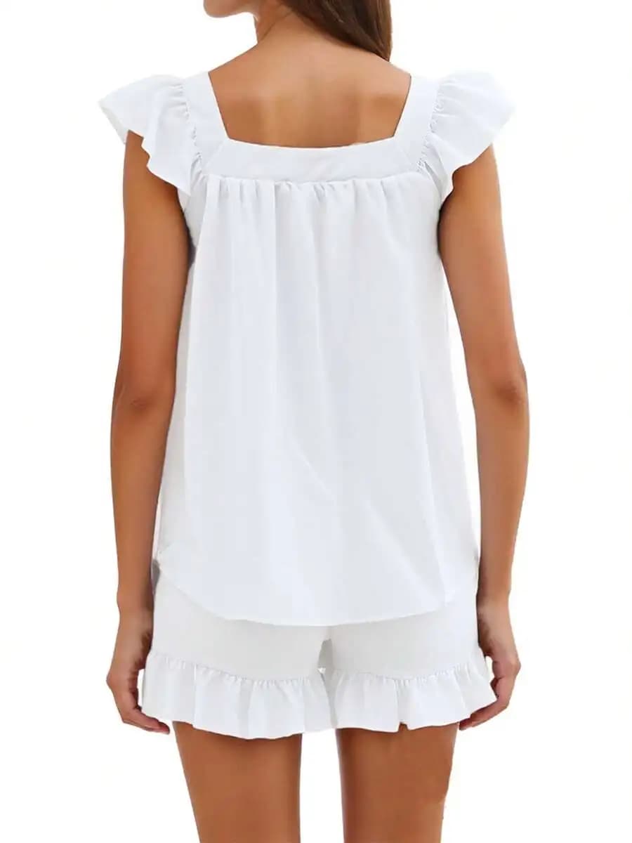 Womens 2-Piece Pajama Set Summer Flying Sleeve Square Neck Solid Top Elastic Waist Shorts Loungewear