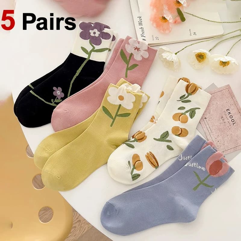 5 Pairs Women Flower Patterned Mid Tube Socks Fashionable Versatile Cute That Are Soft Comfortable Breathable Casual Socks