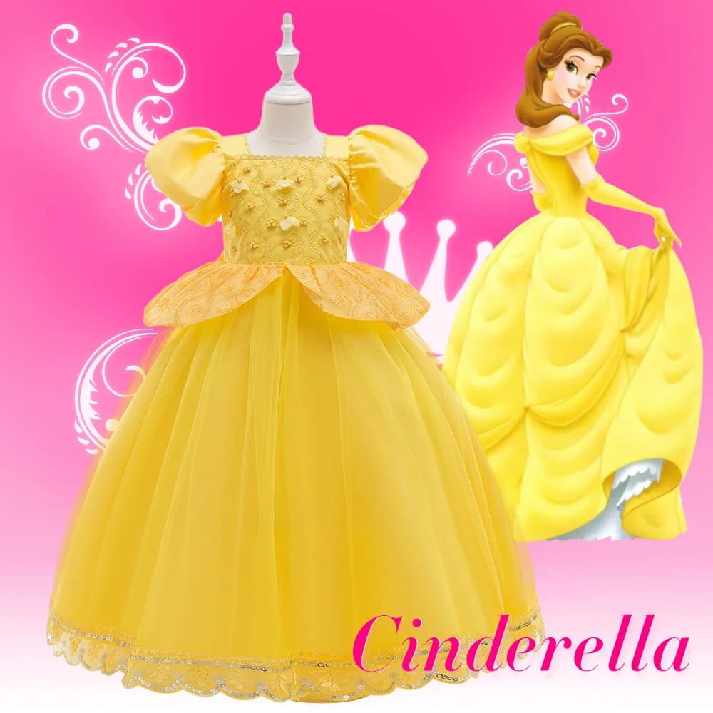 Nuovo abito da principessa Frozen per ragazze, abito lungo in rete ricamata con maniche a sbuffo, costume da spettacolo teatrale per ragazze
