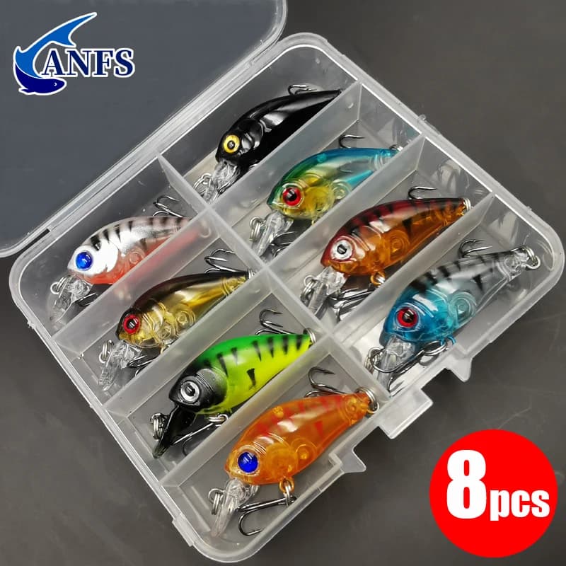 Set di esche da pesca per pesciolini con esca a manovella da 8 pezzi, esche artificiali galleggianti, esche da pesca in acqua