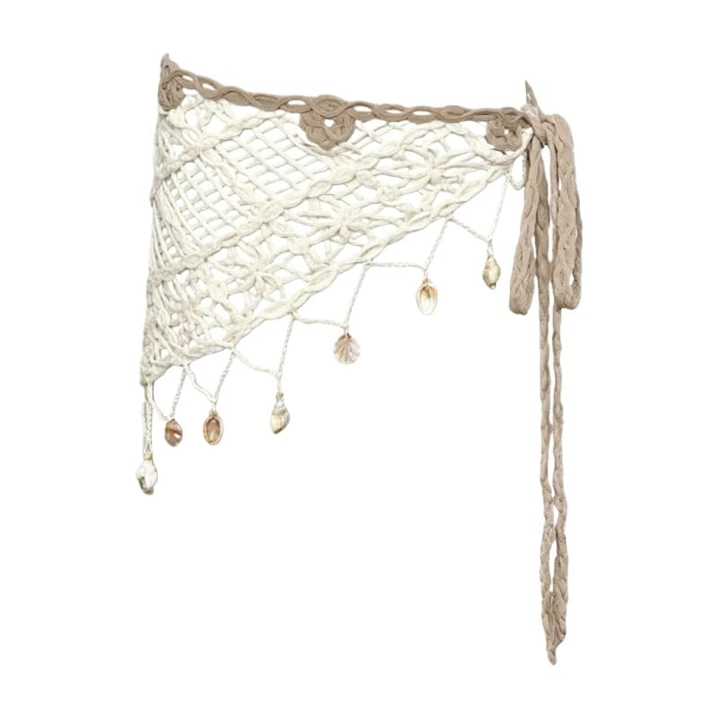 Vacation Outfit Hip Scarf with Crochet Openwork, Waist Wrap Design and Shell Drop Accents for Summer Styling Y08E