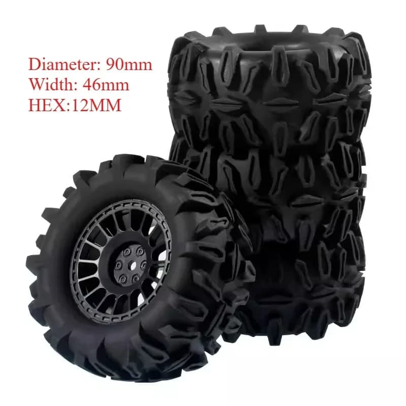 4 Pneumatici e Ruote da 90mm per Monster Truck RC, Esagonali da 12mm, per Trxs E-Revo MJX 16207 16208 1/16 HBX, Parti di Aggiornamento per Buggy Fuoristrada