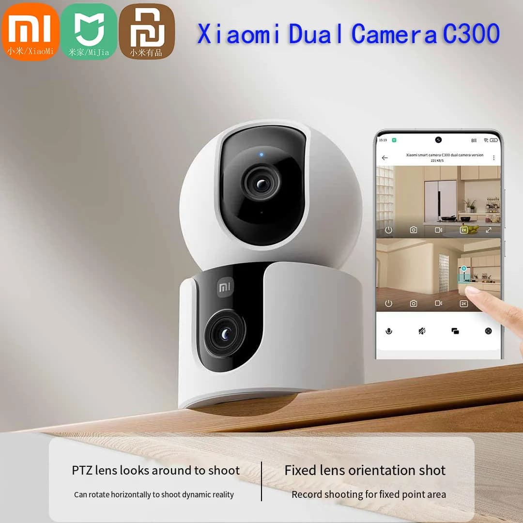 Telecamera Intelligente Xiaomi a Doppia Lente PTZ C300 360 ° Telecamera di Sicurezza Domestica Mijia con Rilevamento AI, 3 Milioni di Pixel, Visione Notturna a Colori, WiFi6