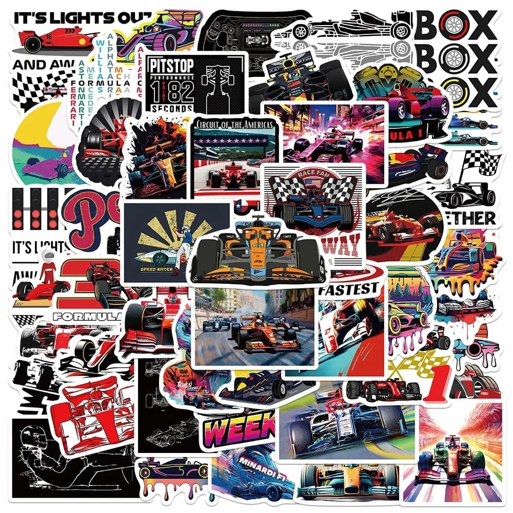 10/30/50pcs F1 Formula One Funny Racing Sticker Cartoon Graffiti Decalcomania Computer Wallet Bags Skateboard Motorcycle Helmet Bike Sticker