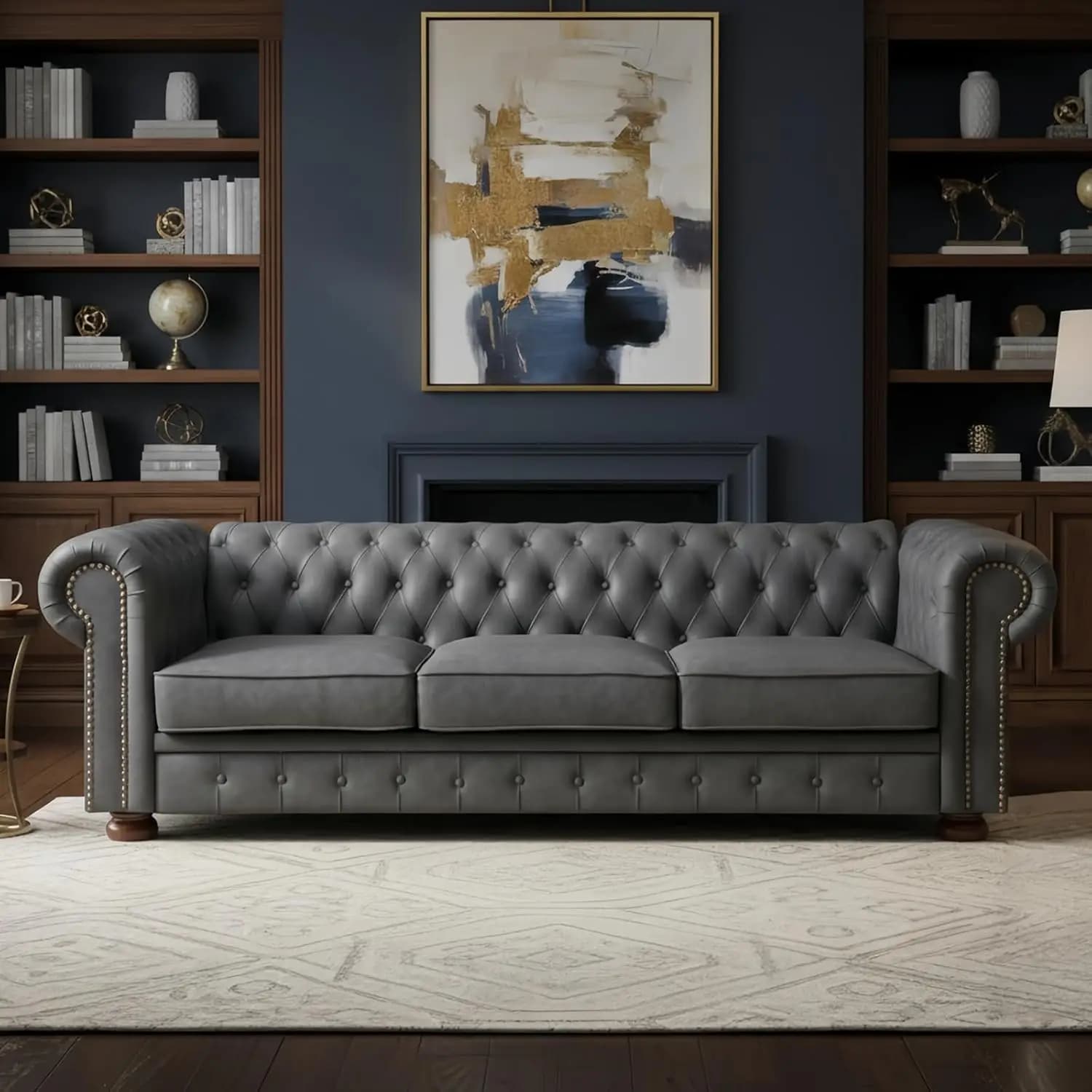 Divano Chesterfield da 89'', in Ecopelle con Bottoni Trapuntati e Gambe in Legno Massello, Stile Mid-Century Modern a 3 Posti, Personalizzabile