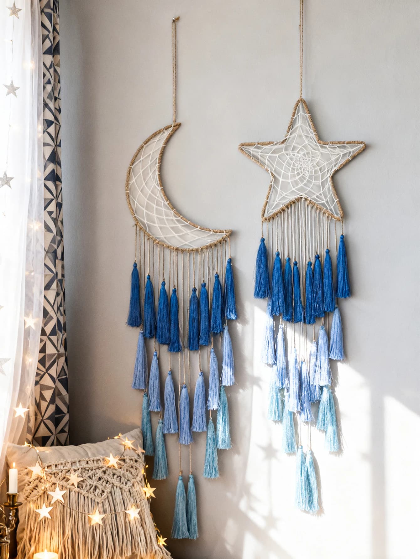 Moon & Star Macrame Dream Catcher Wall Decor Blue Tassels Boho Hanging Ornament Nordic Style Bedroom Living Room Decoration Gift