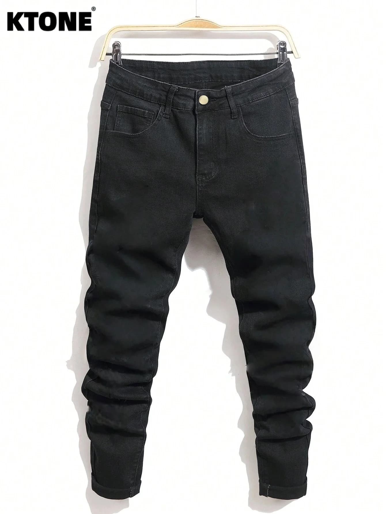 Jeans Neri Slim Alla Moda per Uomo, Stile Originale Y2K Drip, Abbigliamento Streetwear in Denim, Senza Accessori o Cinture Incluse