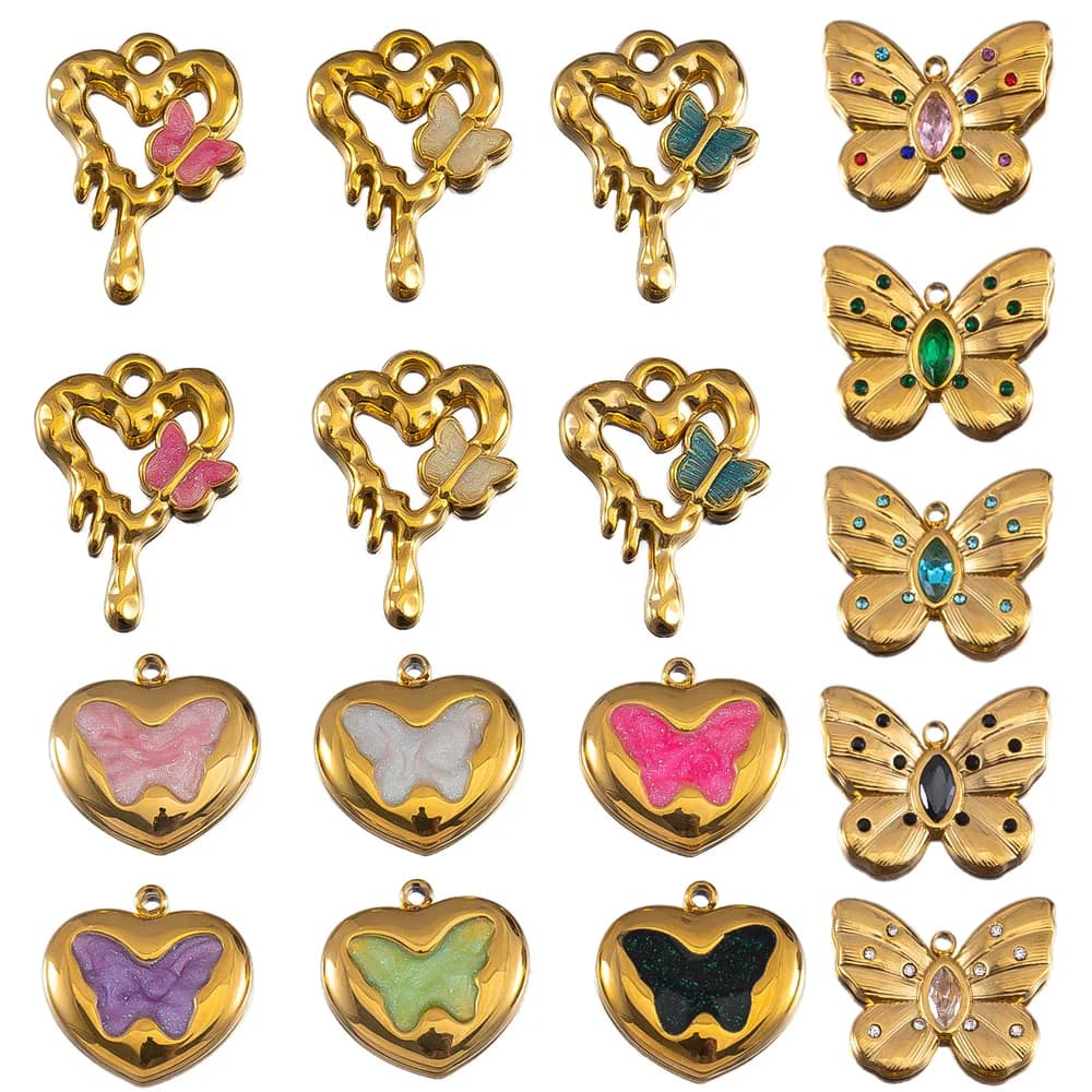 2 pezzi di smalto farfalla lava amore cuore pendenti in acciaio inossidabile 304 base pendente perline di cristallo creazione di gioielli fai da te orecchini collane