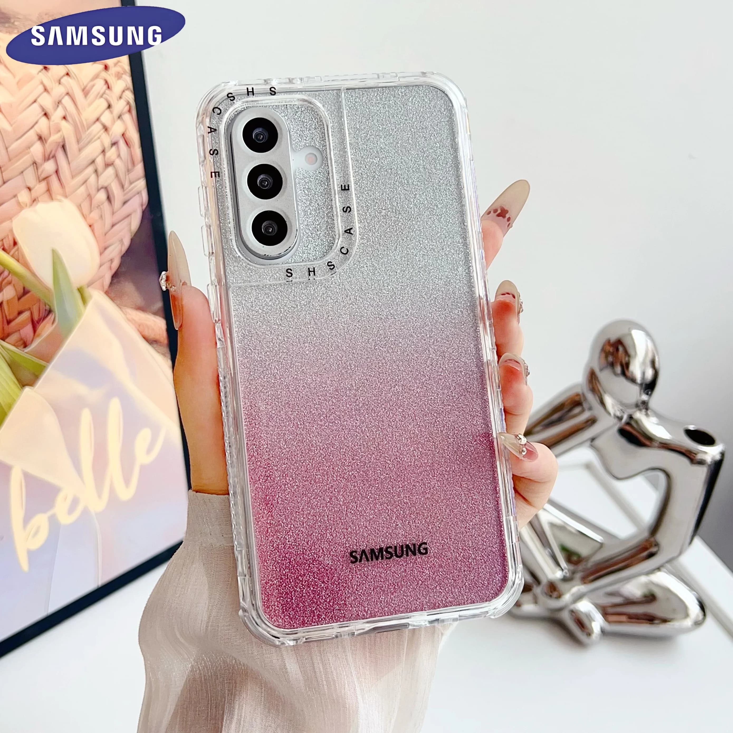 3 in 1 Bling Glitter Clear Shell Samsung Galaxy S25 S23 Ultra S24 S22 Plus S21FE A55 A35 A25 A15 A56 A14 A72 71 A52 A51 Case