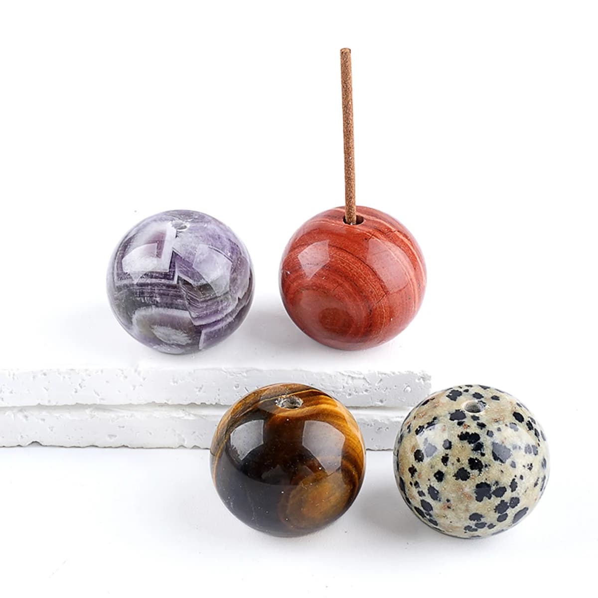 Natural 25mm Stone Ball Incense Stick Burner Holder Healing Crystal Decoration for Home Yoga 3PCS In Velvet Bag