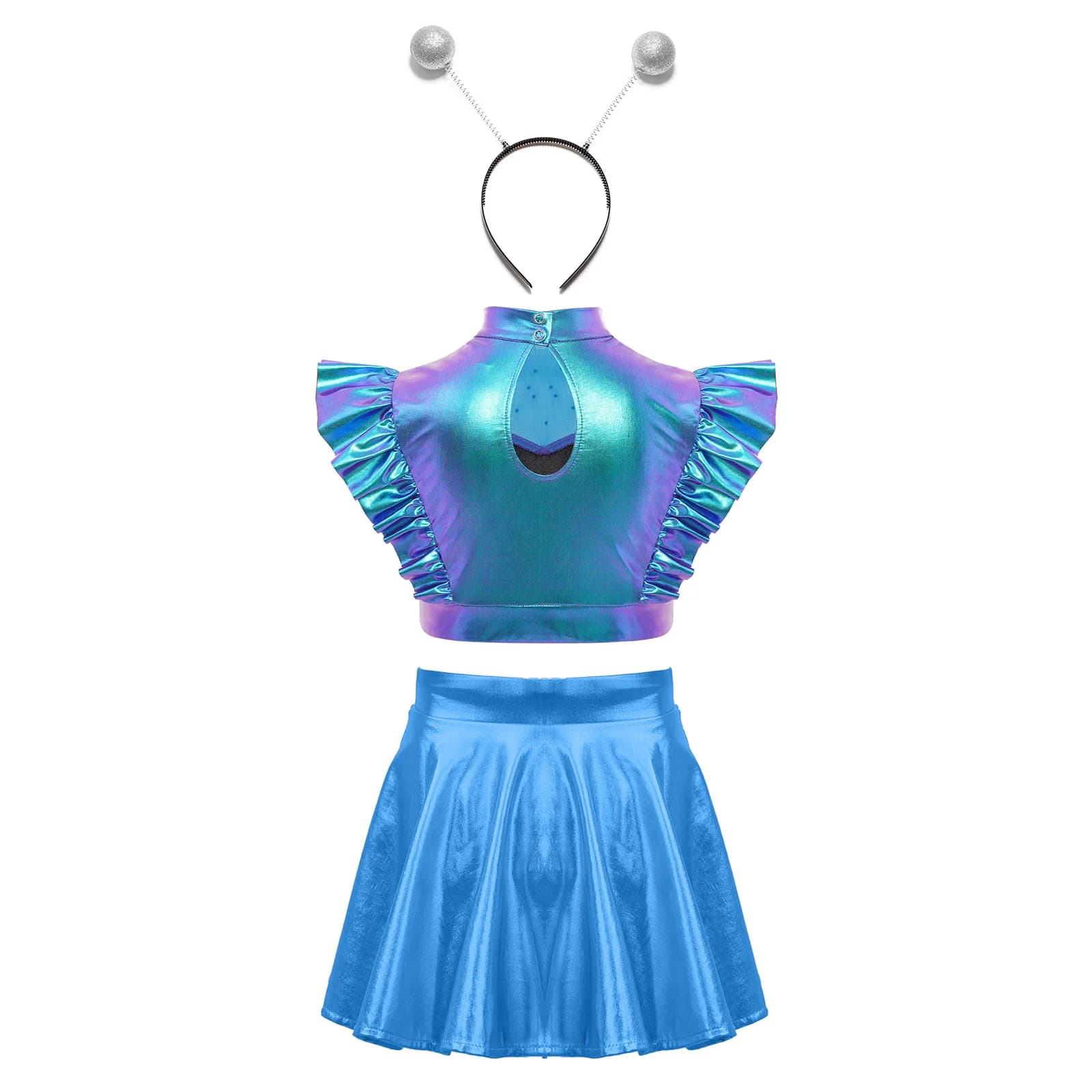Costume da Alieno per Ragazze, Outfit Metallico con Strass, Top Corto Senza Maniche con Volant e Gonna a Linea A, Cerchietto per Capelli per Festa a Tema Futuristico