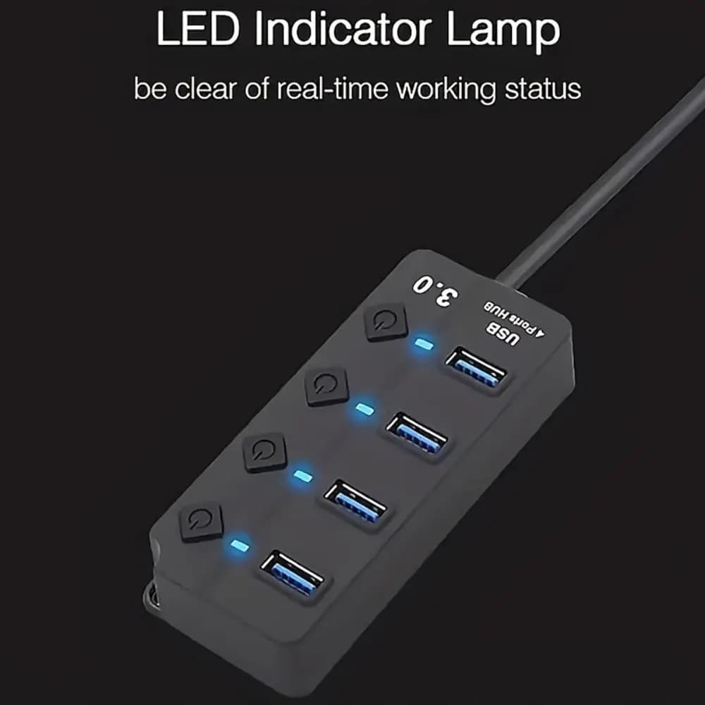Hub USB 3.0 a 4 Porte con Interruttore, Velocità Elevata 5Gbps, Splitter USB Multiplo, Cavo Lungo, Adattatore di Alimentazione, Stazioni di Docking USB