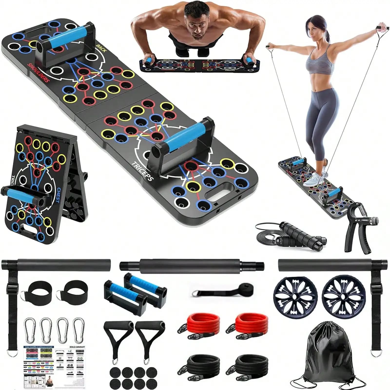 Multifunctional Foldable Push‑Up Board Set, Home Workout Equipment with Resistance Bands, Hand Gripper, Jump Rope, Pull‑Up Bar, Full‑Body Strength Training Fitness Kit for Men Women