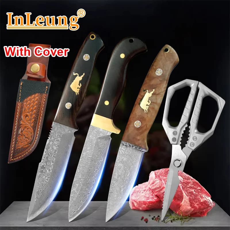Damascus VG10 Steel Chef Knife Wood Handle Fixed Blade Kitchen Knife for Meat Fruits Vegetables BBQ Professional Cutting Tools