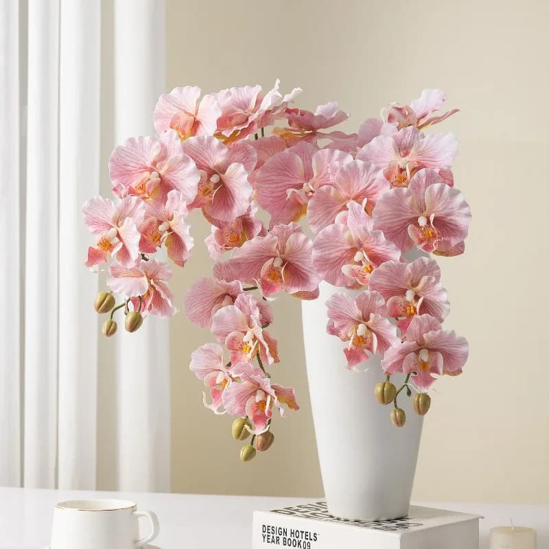Realistic Pink Phalaenopsis Orchid Artificial Flower Faux Silk Stem for Home Living Room Office Decor