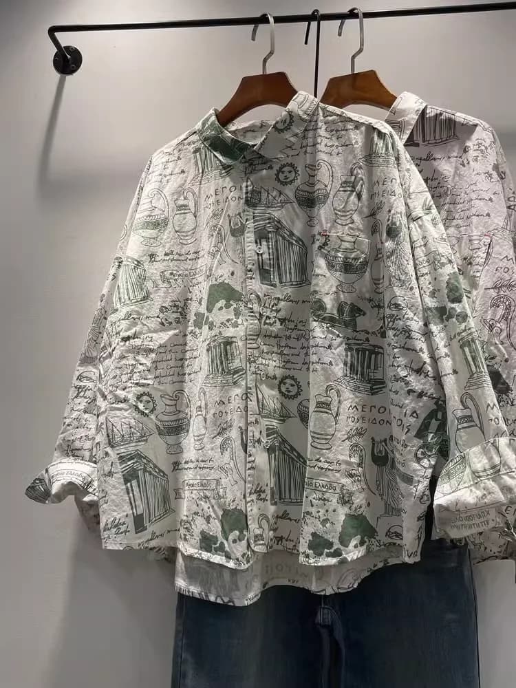 Busto 144 cm top in puro cotone di grandi dimensioni da donna autunno camicie e camicette a maniche lunghe stampate con lettere vintage in stile messicano