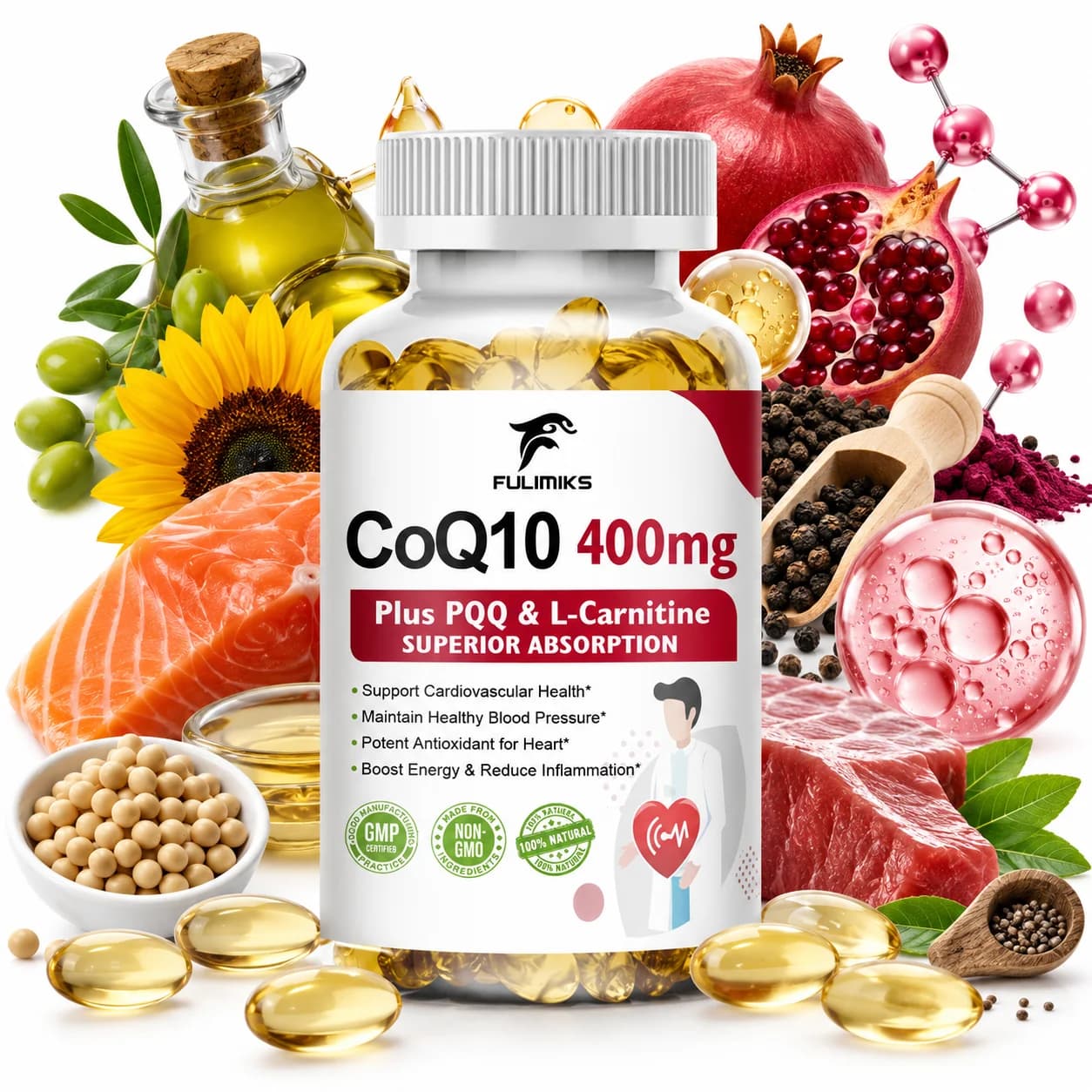 Integratore Premium di Coenzima Q10, con Omega-3 e Vitamina E, Favorisce la Salute del Cuore, l'Energia Cellulare, l'Antiossidazione e l'Invecchiamento Sano
