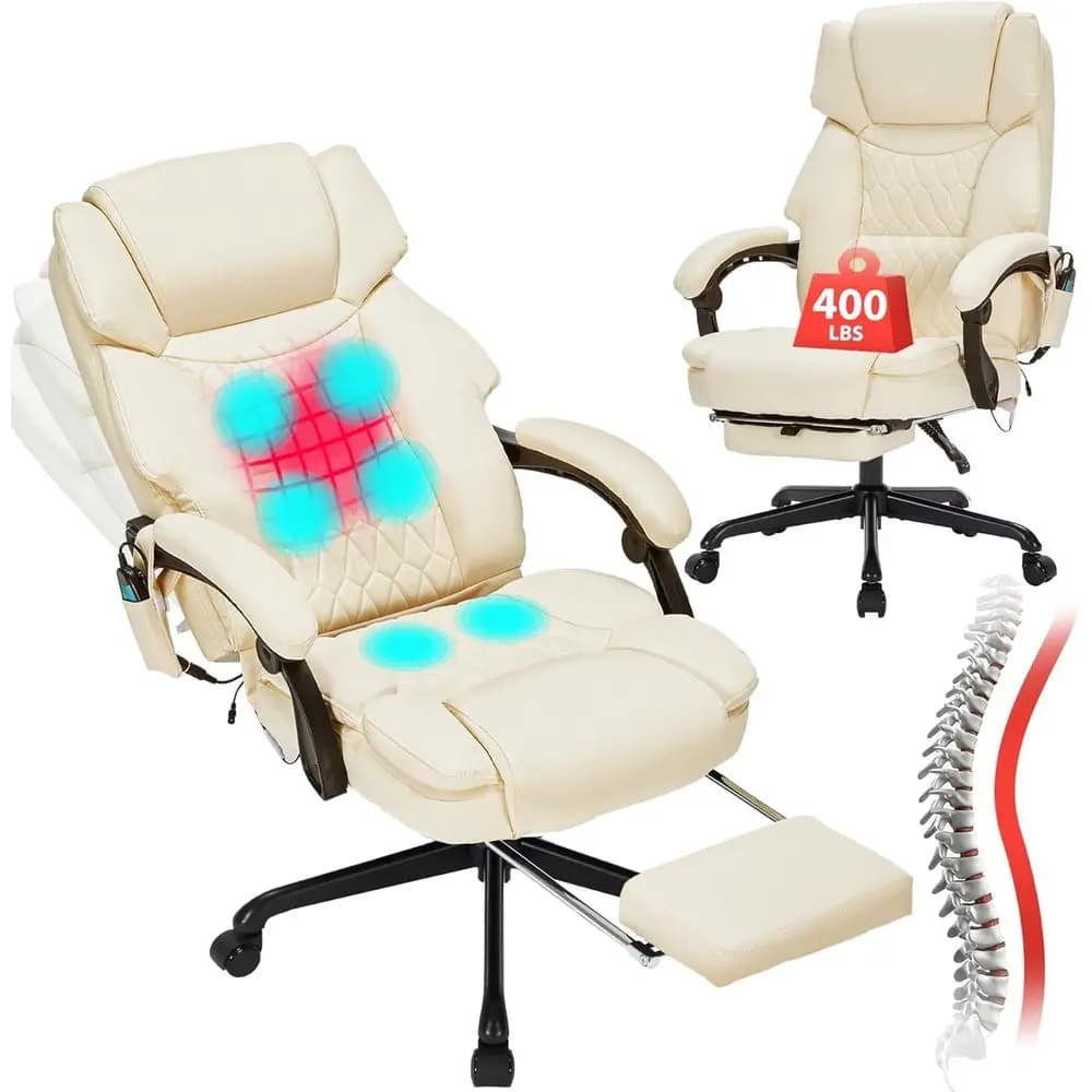 Sedia da Ufficio Ergonomica Reclinabile con Poggiapiedi, Vibrazione a 6 Punti, Riscaldamento, Supporta fino a 180 kg, Colore Crema