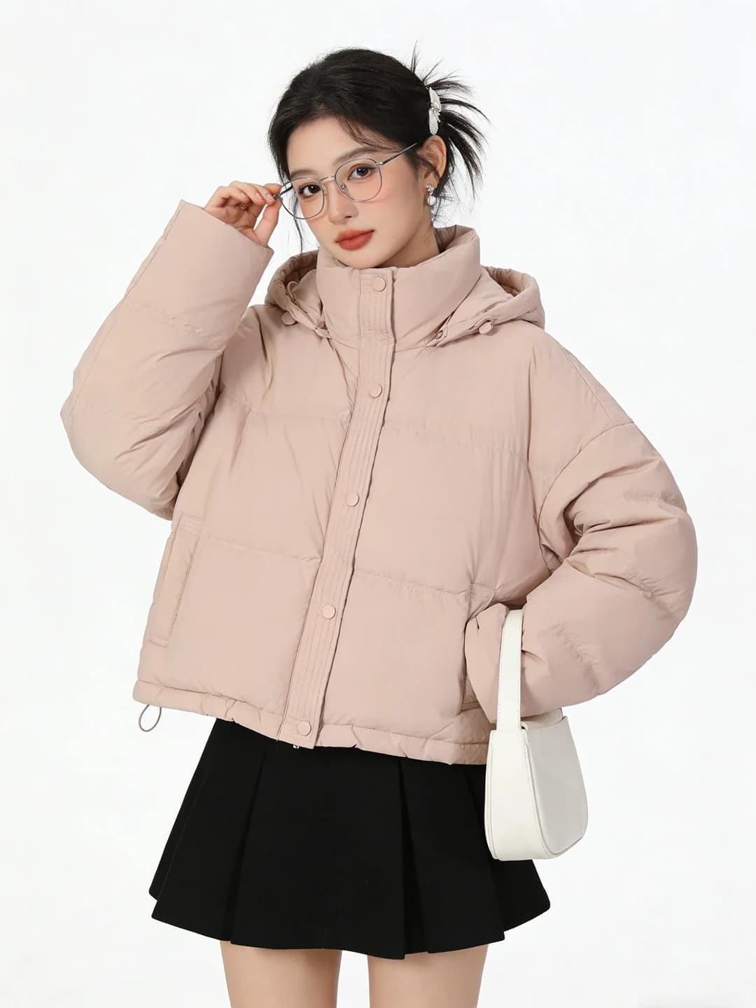 Piumino Corto Rosa Dolce con Cappuccio, Caldo ed Elegante, Stile Coreano, da Donna, a Forma di Pane, per il Pendolarismo, alla Moda