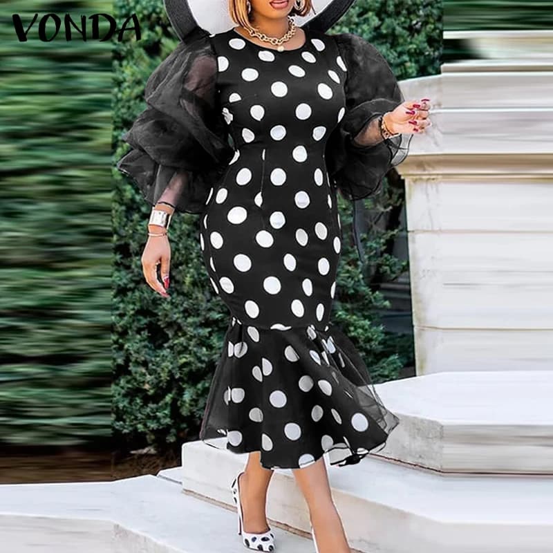 VONDA Dress Bohémien in Pois with Lace Cut 5XL for Women 2026 Elegant Dress Midi Patchwork Casual Sleeve Long Sleeves