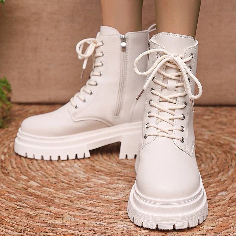 Women's Winter Warm Short Plush Ankle Boots Comfy Pu Leather High Heels Botas Mujer Fashion Lace Up Zip Platform Combat Boots