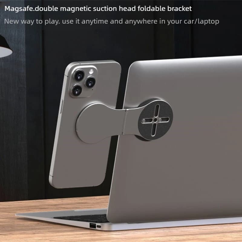Foldable Dual‑Head Magnetic Phone Holder For Laptop Side Mount Stand 360° Rotation Car Desktop Phone Bracket For iPhone 17 16 15