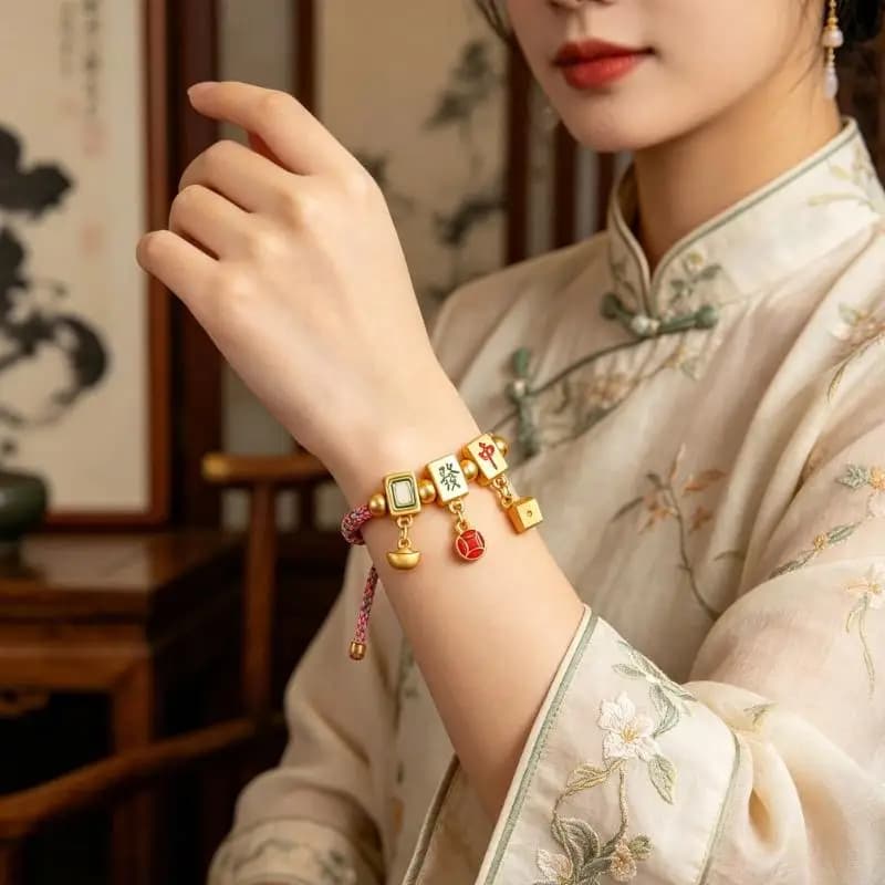 Unique Mahjong Tile Print Cotton Rope Bangle Adjustable Length Mahjong Pattern Accessories Perfect for Various Occasion