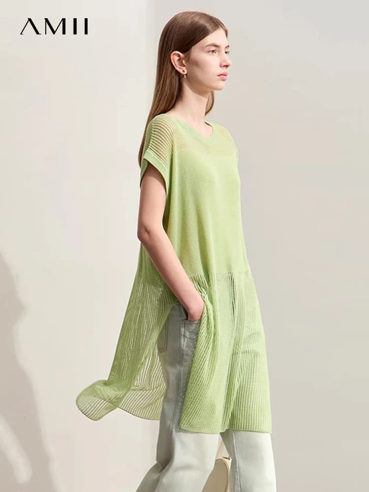 Amii Minimalism 2025 Autunno Nuovo Maglione in Lana Traforato da Donna, Girocollo Ampio, Lungo con Spacco Alto, Top Femminile 12442298