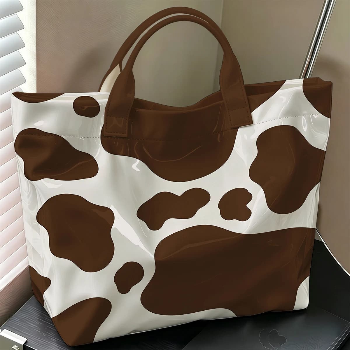 Brown & White Cow Fashion Large Glossy PVC Tote Bag Hand Washable Waterproof Perfect Travel Commute Cosmetic Storage Shopper