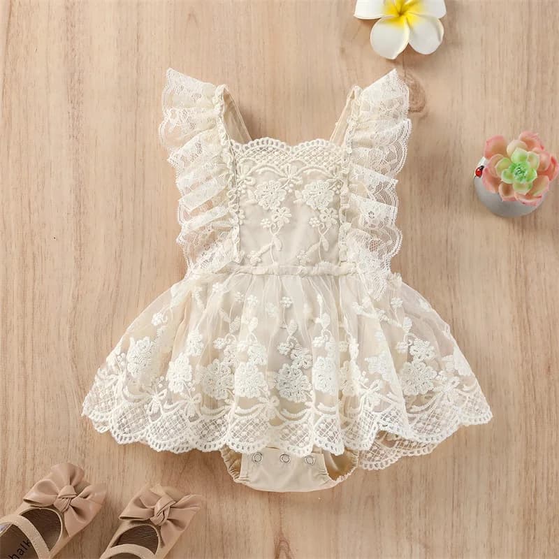 Vestiti estivi per bambini Neonata Solid Ruffle Fly Sleeve Pagliaccetto in pizzo Tuta Tutu Dress Abiti Vestiti 0-24M