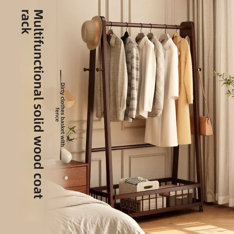 Multi-functional Solid wood floor-to-ceiling hanger household bedroom rack mobile clothes rack
