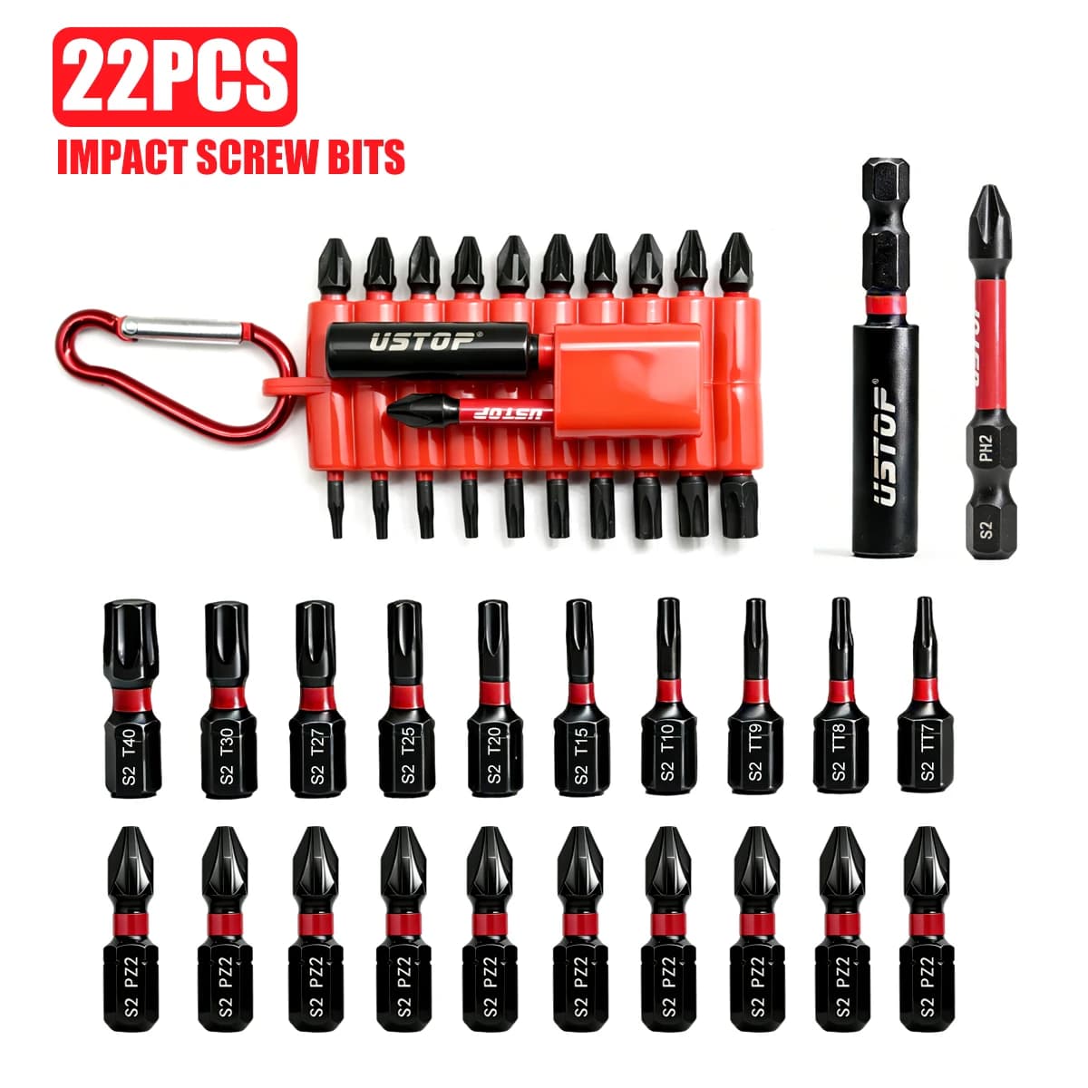 Ustop, 22-piece portable magnetic tips set with plastic case, includes common models Torx and Ph2, S2 steel, 25 mm/50 mm magnetic extension rod, universal screwdriver tips, fast de change