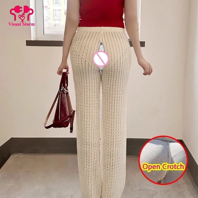 Hollow Out Sexy Open Crotch Woman's Knitting Leggings Fashion See Through Pleated Beige Trousers Crotchless Wide Leg Clubwear