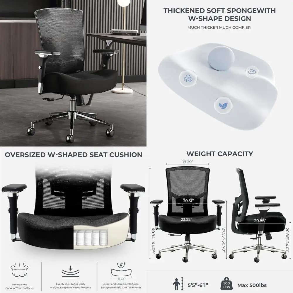 Sedia da Ufficio Ergonomica Resistente per 225 kg, Seduta in Rete Oversize con Cuscino Spesso, Supporto Lombare Regolabile e Braccioli 4D