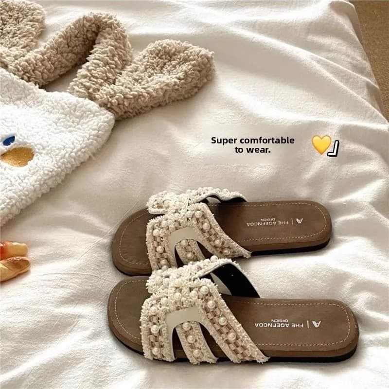 Casual Summer Women's Slip-On Sandals Flat Heel Knot Decor Toe Holiday Style Indoor Outdoor Wear