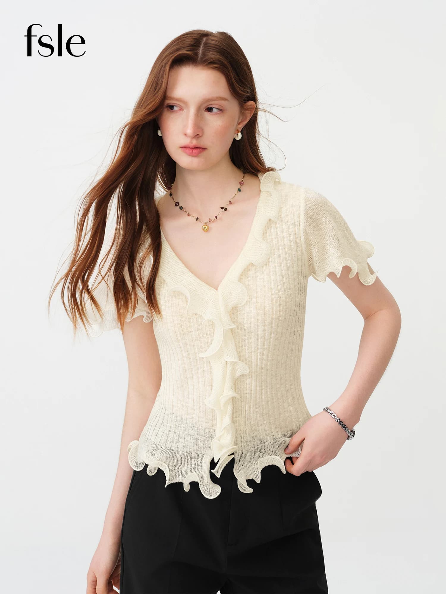 FSLE 2026 Top Estivo da Donna con Scollo a V e Volant, Maglia a Maniche Corte Fluido e Leggero Stile Coquette Morbido